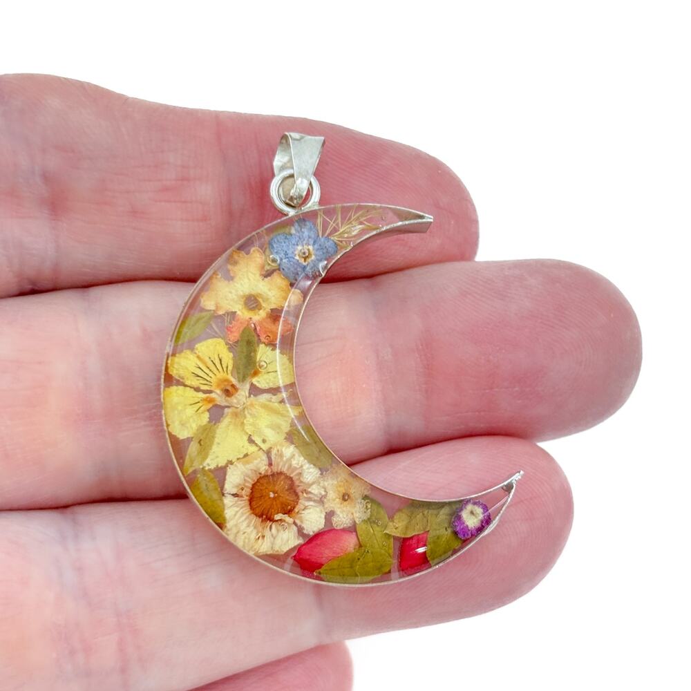 Vintage Sterling Silver 925 Dried Flower Moon Pendant